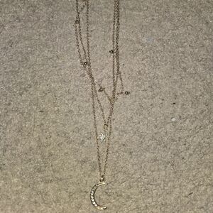 Moon And Star Tripple Layered Necklace with Charms